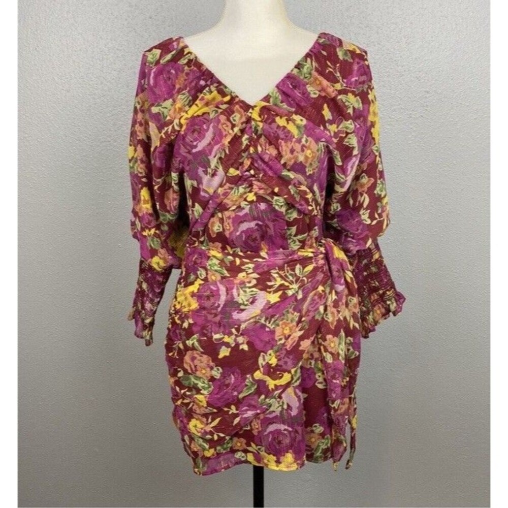 $238 LPA Puff Sleeve Flirty Feminine Floral Print Chiffon Tie Dress -Size Medium